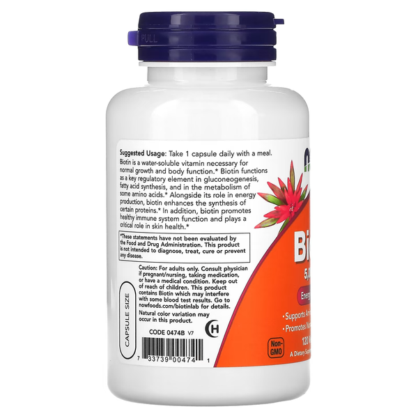 NOW Foods, Biotin, 5,000 mcg, 120 Veg Capsules 4060761 фото